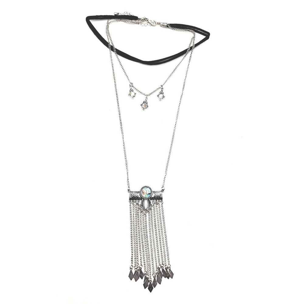 Boho Layered Necklace Set Abalone Accents Fringe Drop Pendant Choker Gothic Vibe